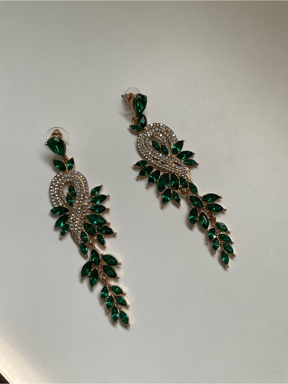 Emerald Green Crystal Leaf Drop Earrings
